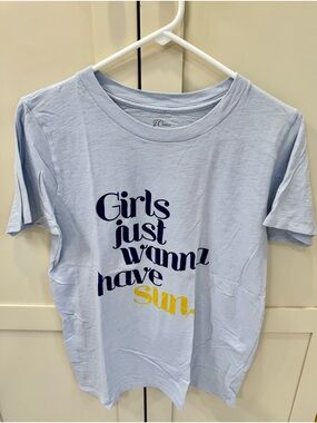 J. Crew Light Blue Short Sleeve Tee with Navy & Yellow Graphic